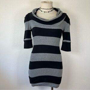 Express Black and Gray Striped Cowl Neck Sweater